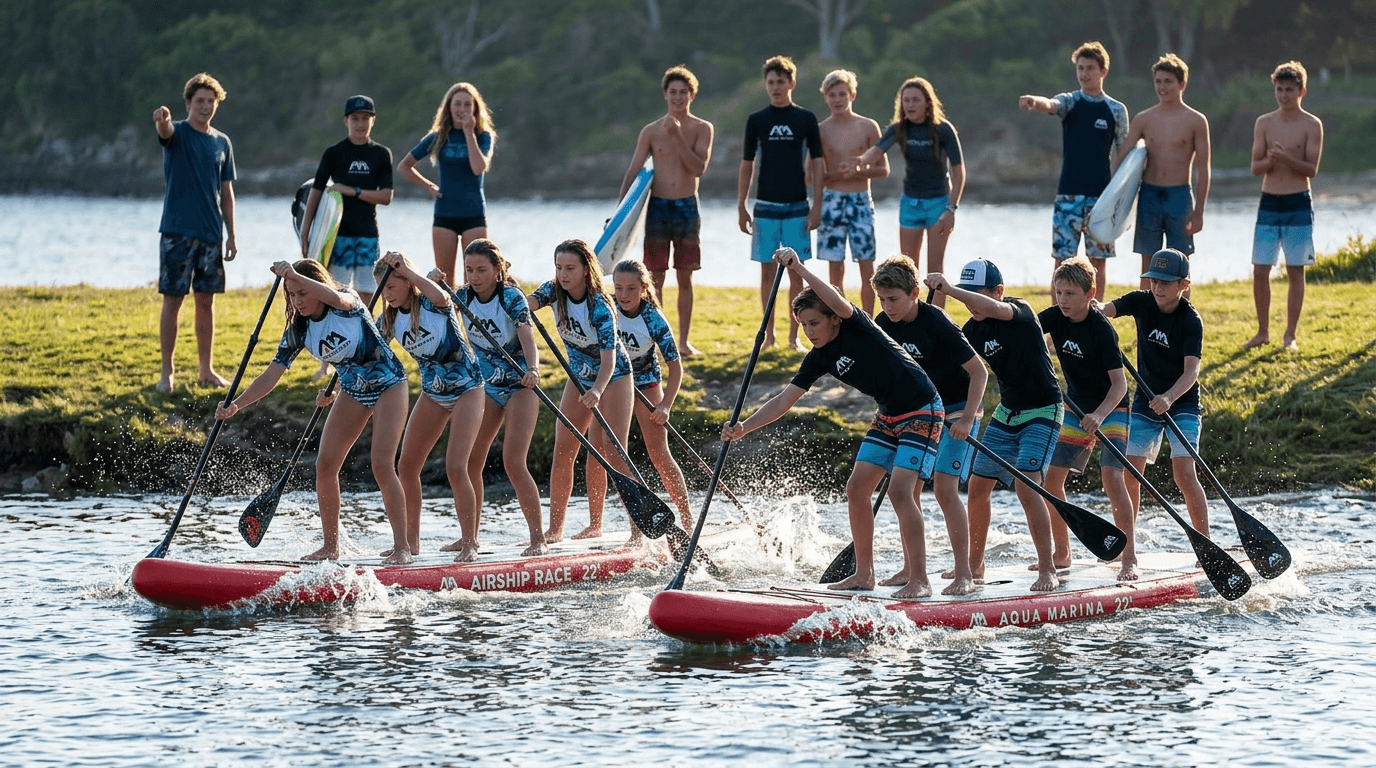 Coach training the race team — youth + adults on race boards