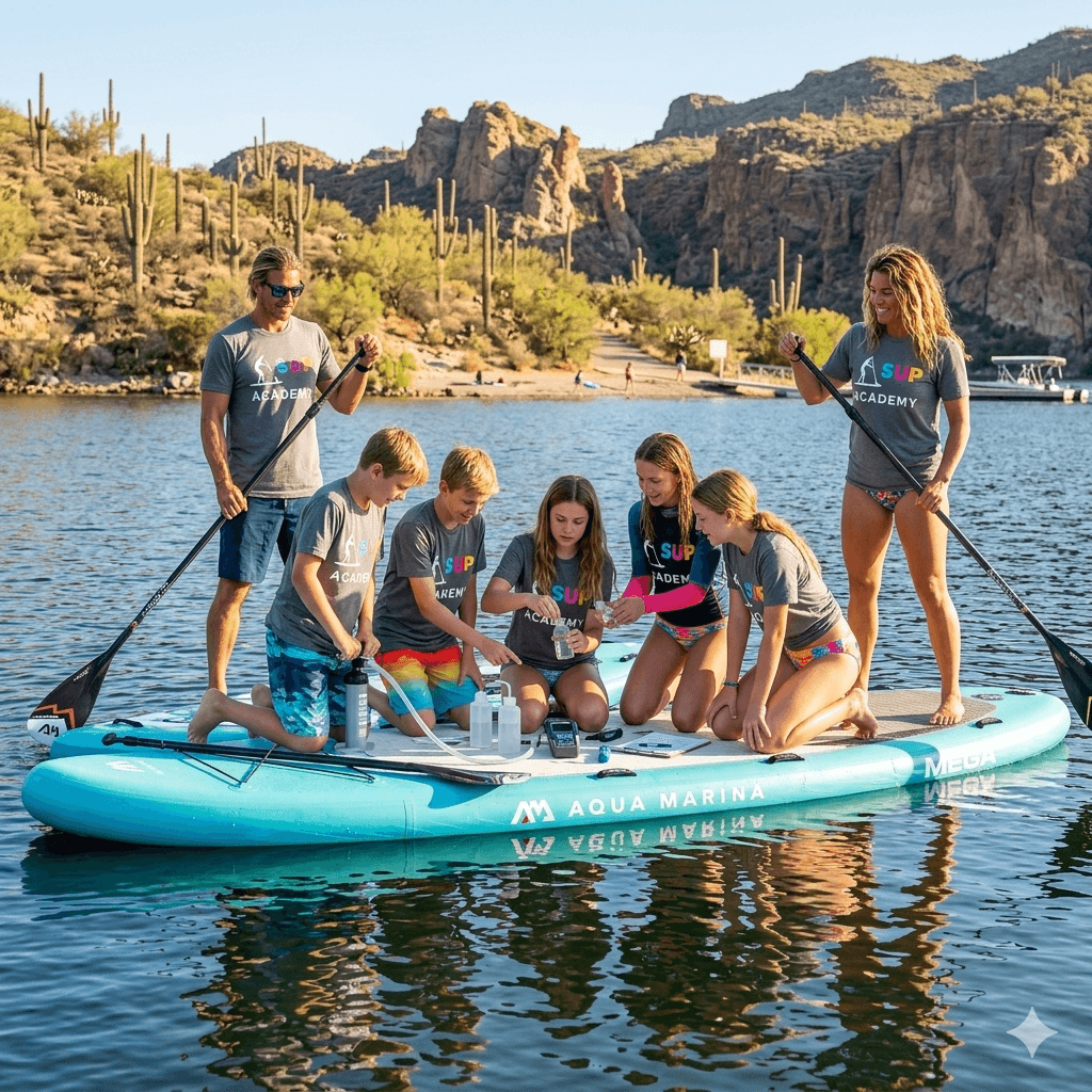 AZ SUP Academy STEM cohort sampling at a Saguaro Lake station — meters, vials, journal