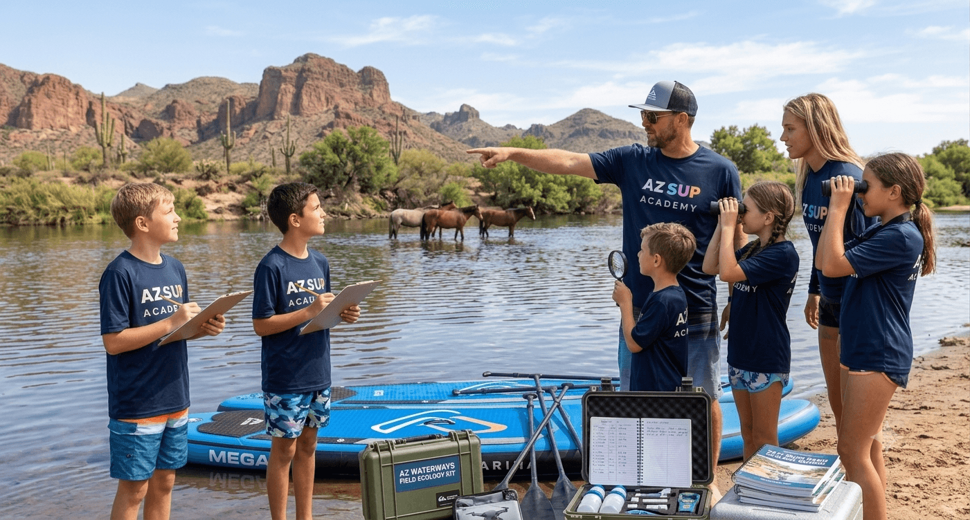 Field School cohort with binoculars and field journal — gear inspection